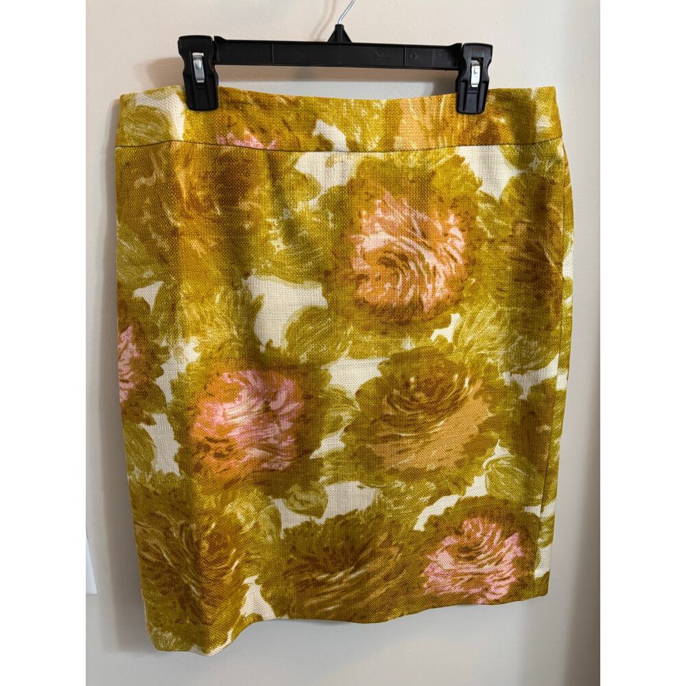 Talbots Floral Pencil Skirt – Mustard & Blush Textured Cotton Blend – Size 12